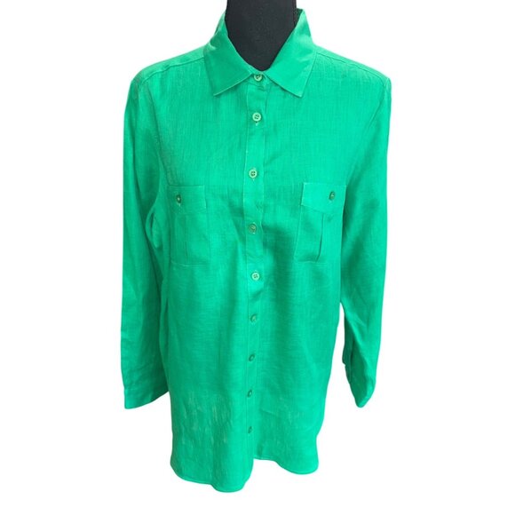 Peck & Peck Sustainable Linen Green Linen Button-Up Shirt Old Money Classic City - Picture 1 of 9
